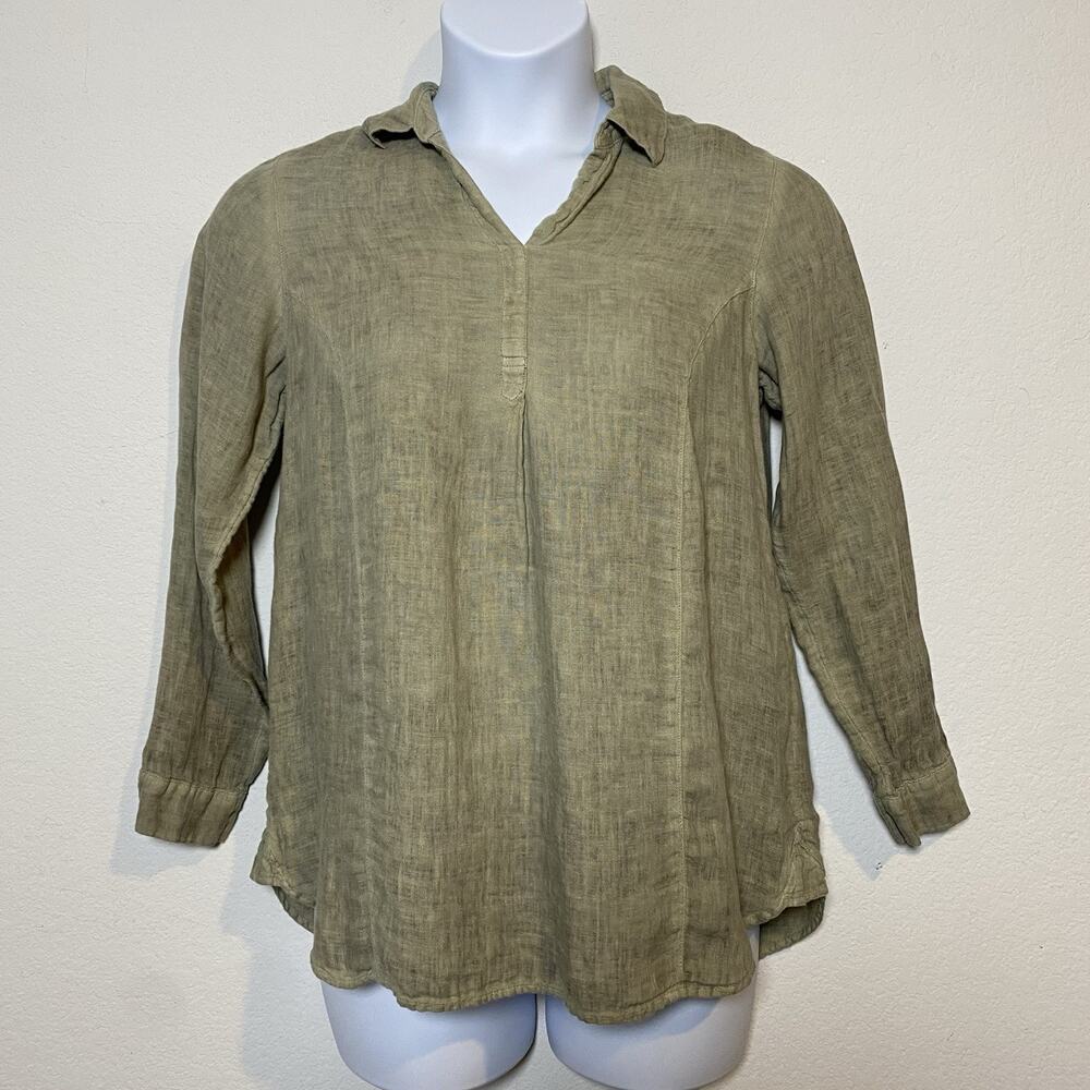 Womens J Jill Love Linen Pullover PS Blouse Sage Green Coastal Resort Laggon Boh